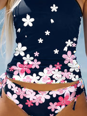 Floral Pattern Casual Tankini Set Halter Round Neck High Cut Swimsuit