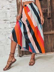 Striped Pleated Maxi Skirt Vintage Elastic Waist Skirt