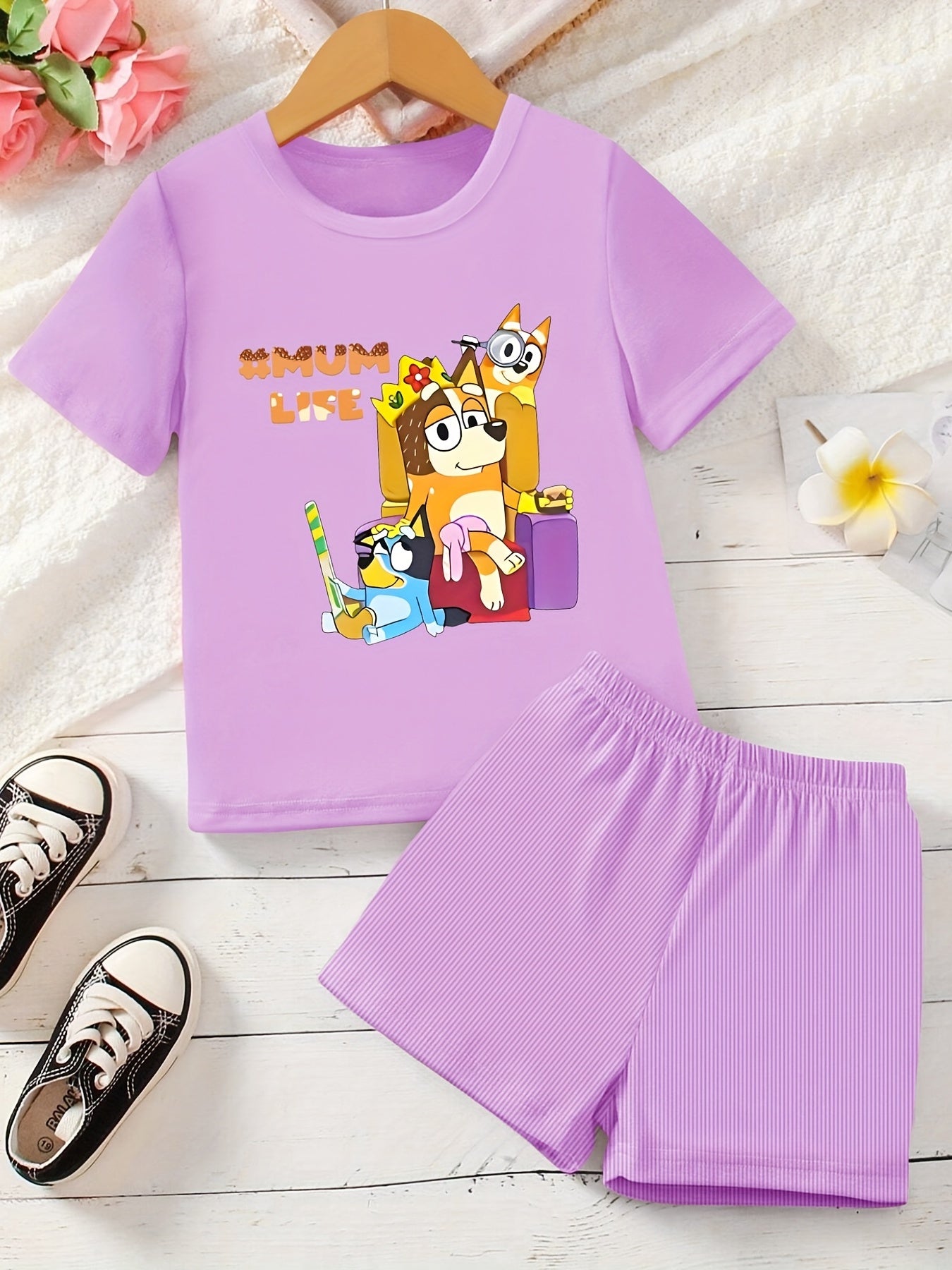 Girl's Dog Print 2pcs T-shirt & Shorts Set MUM LIFE Print Outfits