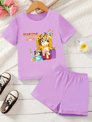 Girl's Dog Print 2pcs T-shirt & Shorts Set MUM LIFE Print Outfits