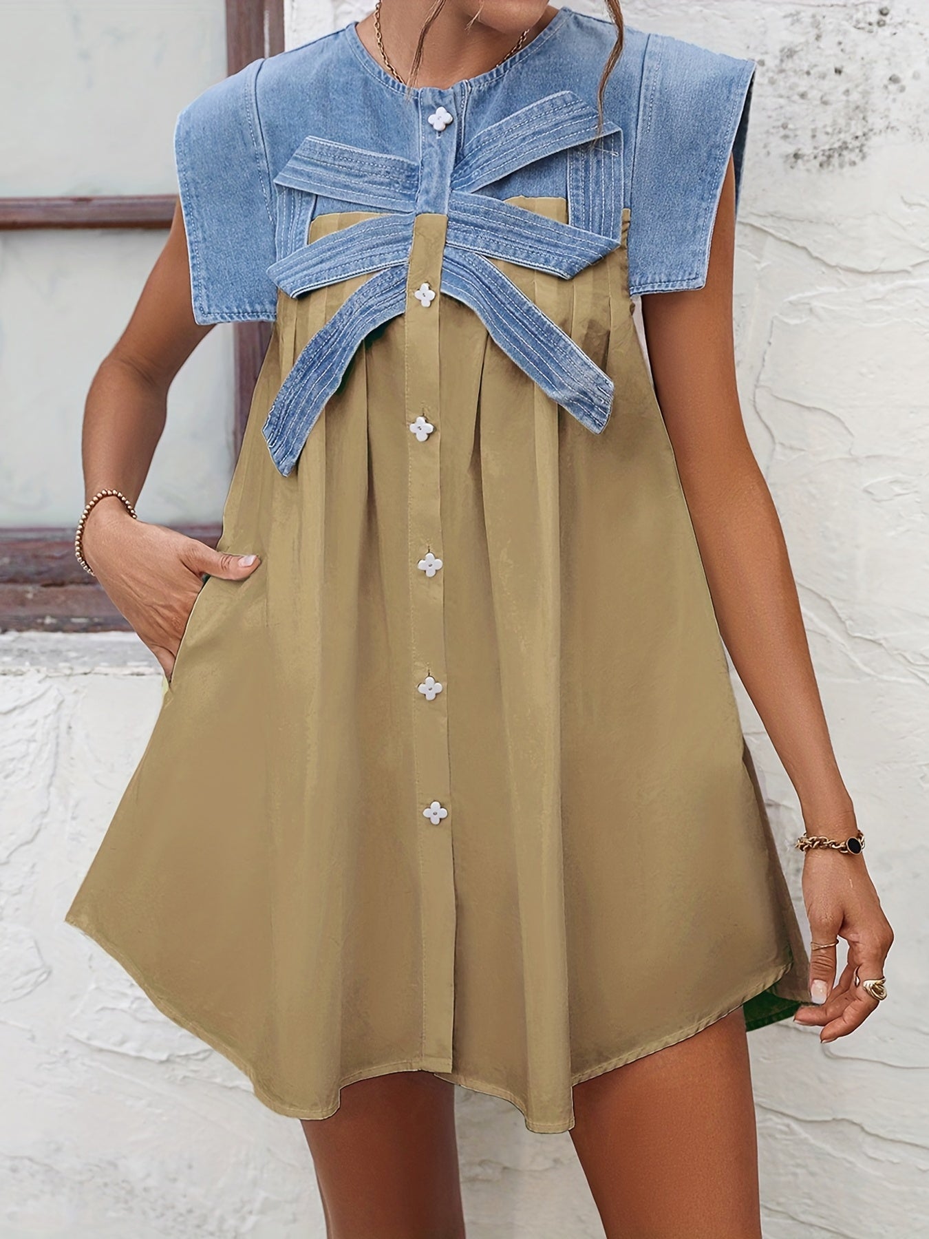Patchwork Denim Dress Sleeveless Flower Button Women's Clothing