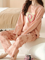 Heart Print Pajama Set Crew Neck Top & Argyle Pants