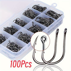 100pcs Stainless Steel Fish Hooks & Storage Box Fishing Accessories