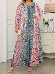 Boho Dress Women's Plus Colorblock Floral Print Long Sleeve V Neck