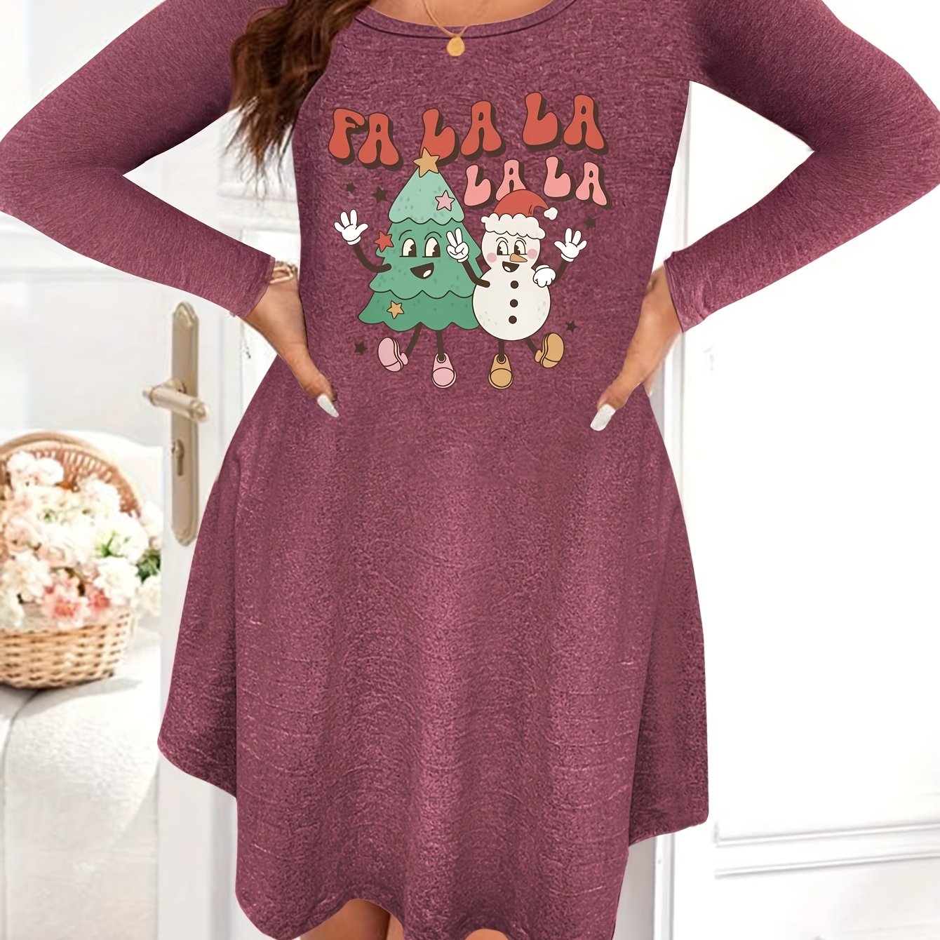 Christmas Nightdress Women's Cartoon Snowman Print Tee Sleep Dress