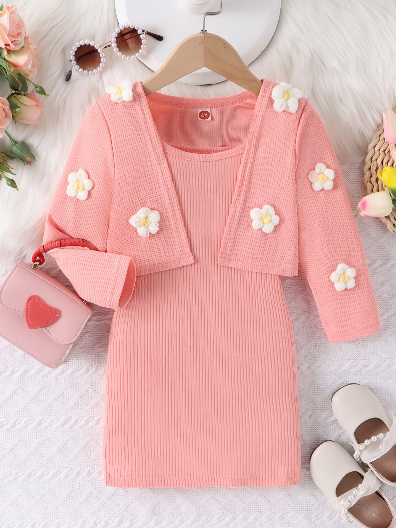Toddler Girl's 2pcs Knitted Floral Cardigan & Ribbed Sundress Set