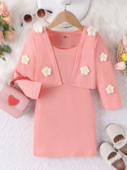 Toddler Girl's 2pcs Knitted Floral Cardigan & Ribbed Sundress Set