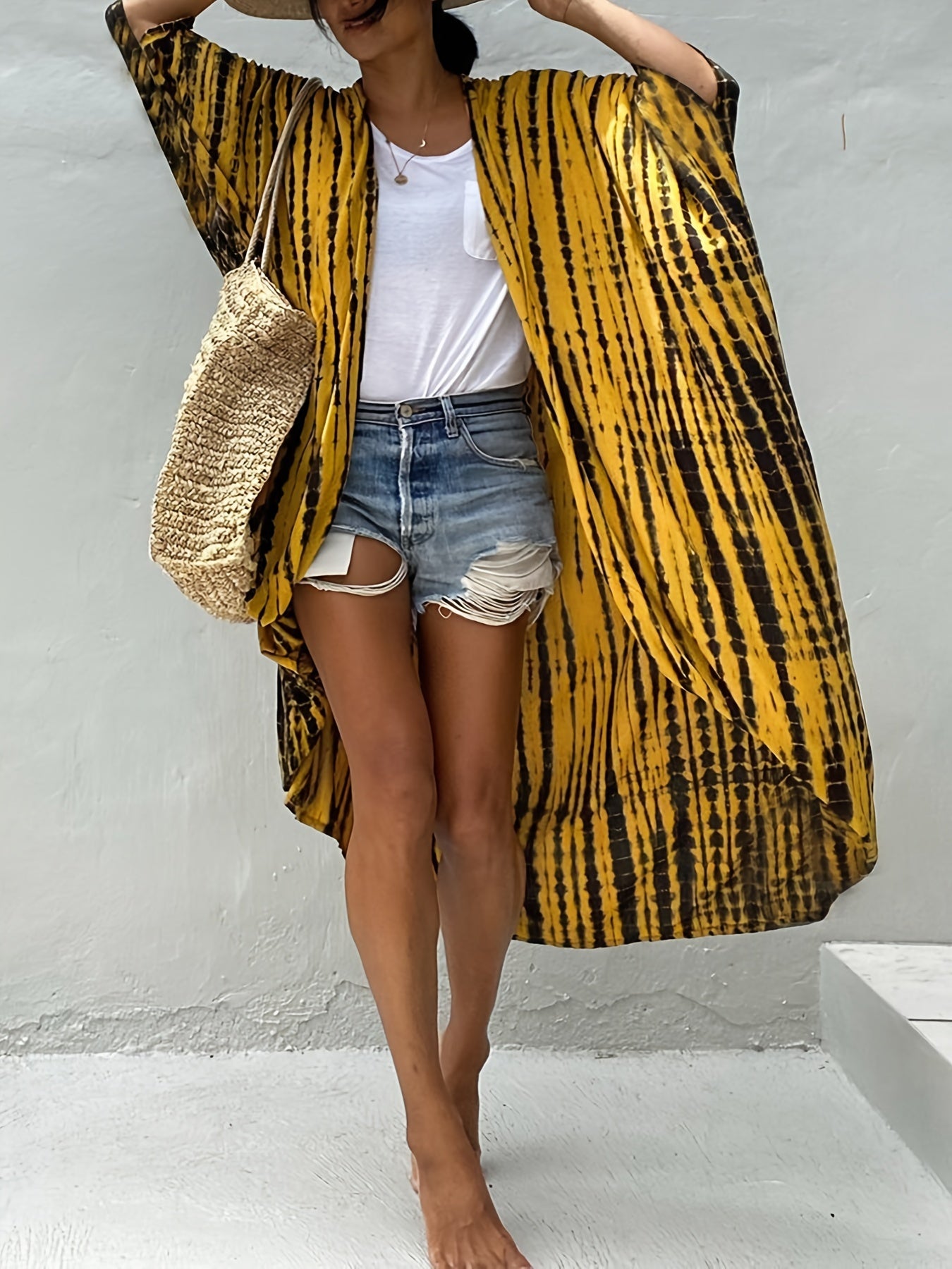Striped Print Loose Fit Cover Up Shirt Long Sleeve Rash Guard V Neck