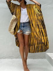Striped Print Loose Fit Cover Up Shirt Long Sleeve Rash Guard V Neck