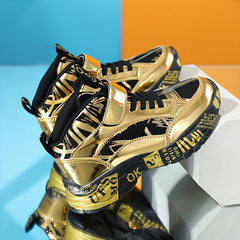 Boys Golden Sneakers With Irregular Pattern Anti Slip Hook And Loop Fastener