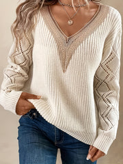 Colorblock V Neck Lace Sweater