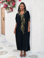 Boho Abaya Dress Women's Plus Golden Embroidered Bat Sleeve V Neck Max