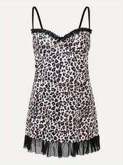 Leopard Print Lace Panel Nightdress V Neck Sleep Dress