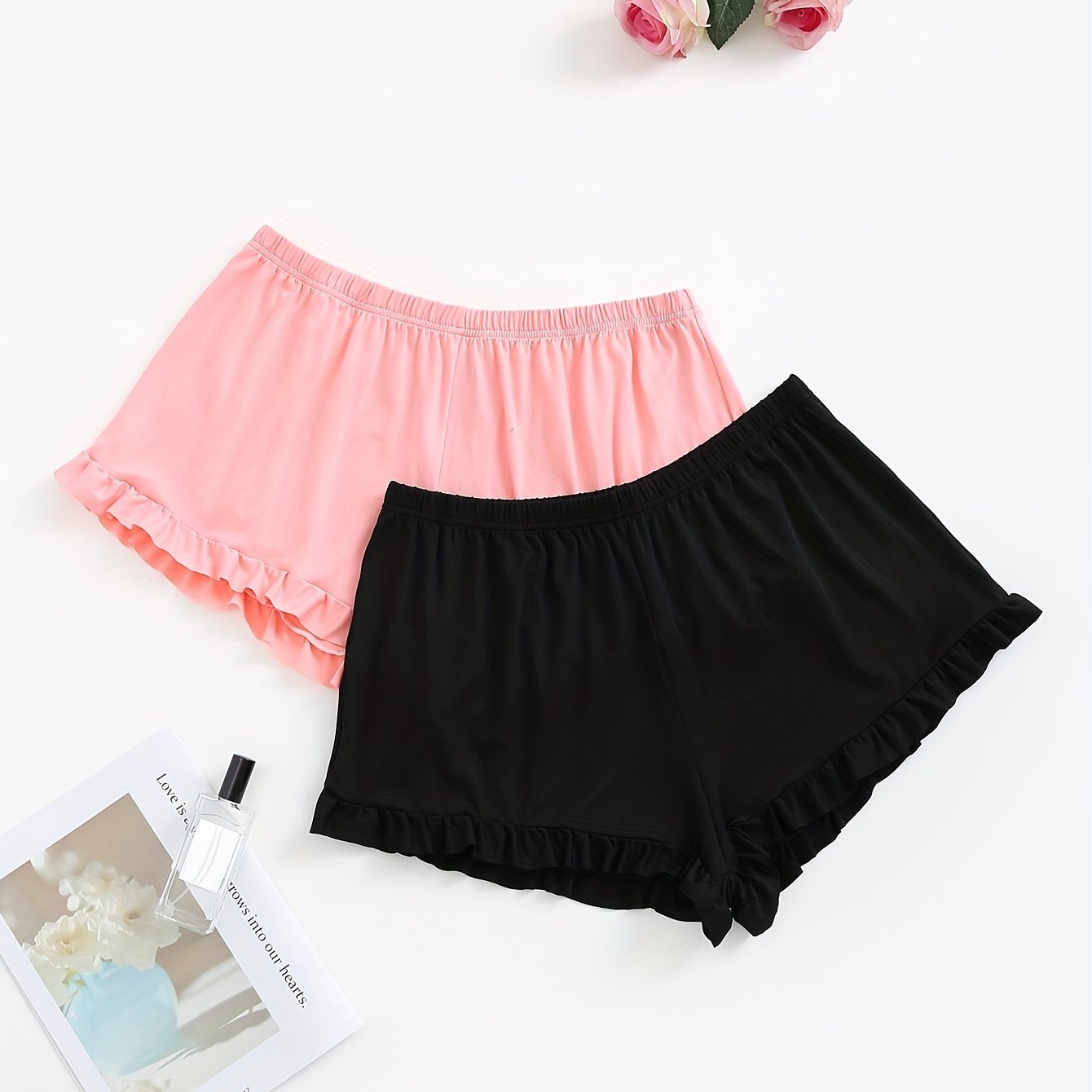 2 Pack Women's Plus Basic Sleepwear Bottoms Set Solid Ruffle Trim Elastic Lounge