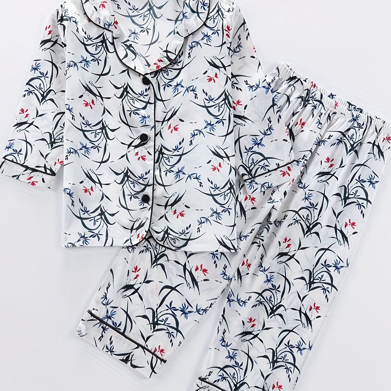 Girls 2pcs Lounge Wear Button Down Pajamas Floral Print Set