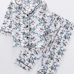 Girls 2pcs Lounge Wear Button Down Pajamas Floral Print Set