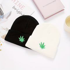 Weed Leaf Embroidery Hip Hop Knitted Hat Caps for Men and Women