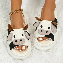 Women's Cow Decor House Slippers Open Toe Slip On Shoes
