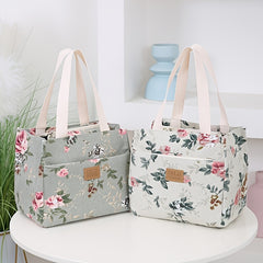 Floral Print Insulated Lunch Bag Waterproof Large Capacity Rectangular Carrier