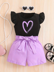 Girls Heart Graphic Flutter Sleeve Top & Belted Waist Shorts Set