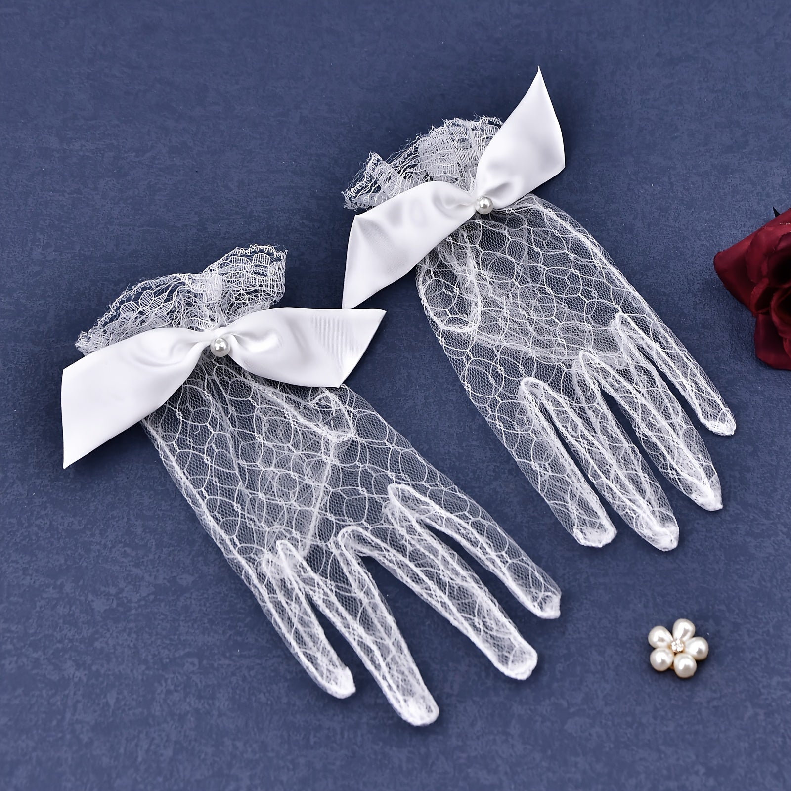Mesh Full Finger Gloves with Ribbon Bows for Weddings
