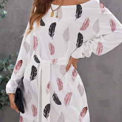 Feather Print Long Sleeve Bodycon Dress