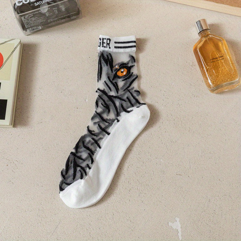 5 Pairs Letter Print Socks Comfy & Breathable Sheer Mesh Women's Stockings