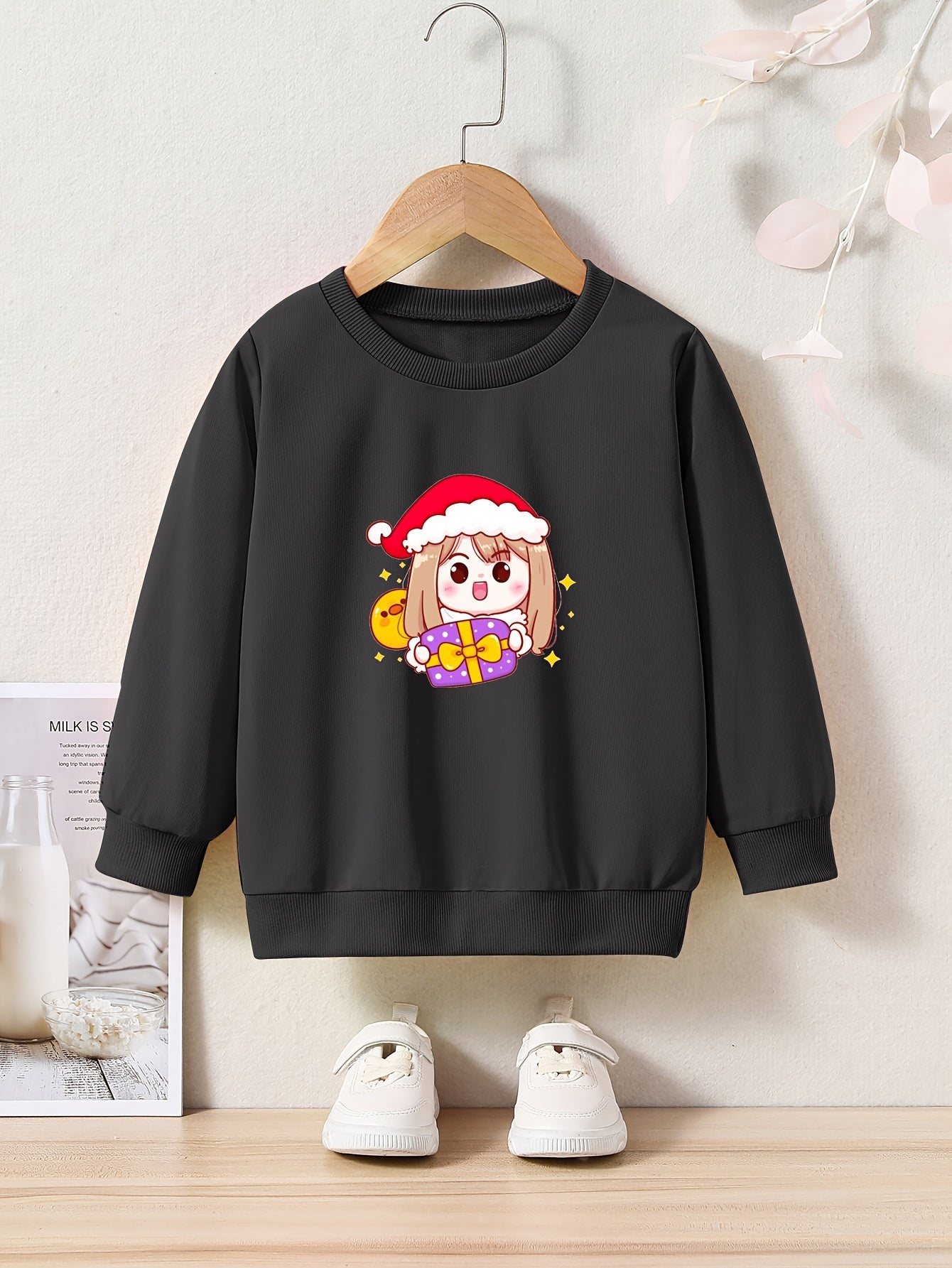 Cartoon Girls With Santa Hat Graphic Crew Neck Sweatshirt