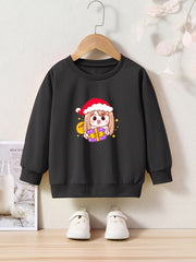Cartoon Girls With Santa Hat Graphic Crew Neck Sweatshirt