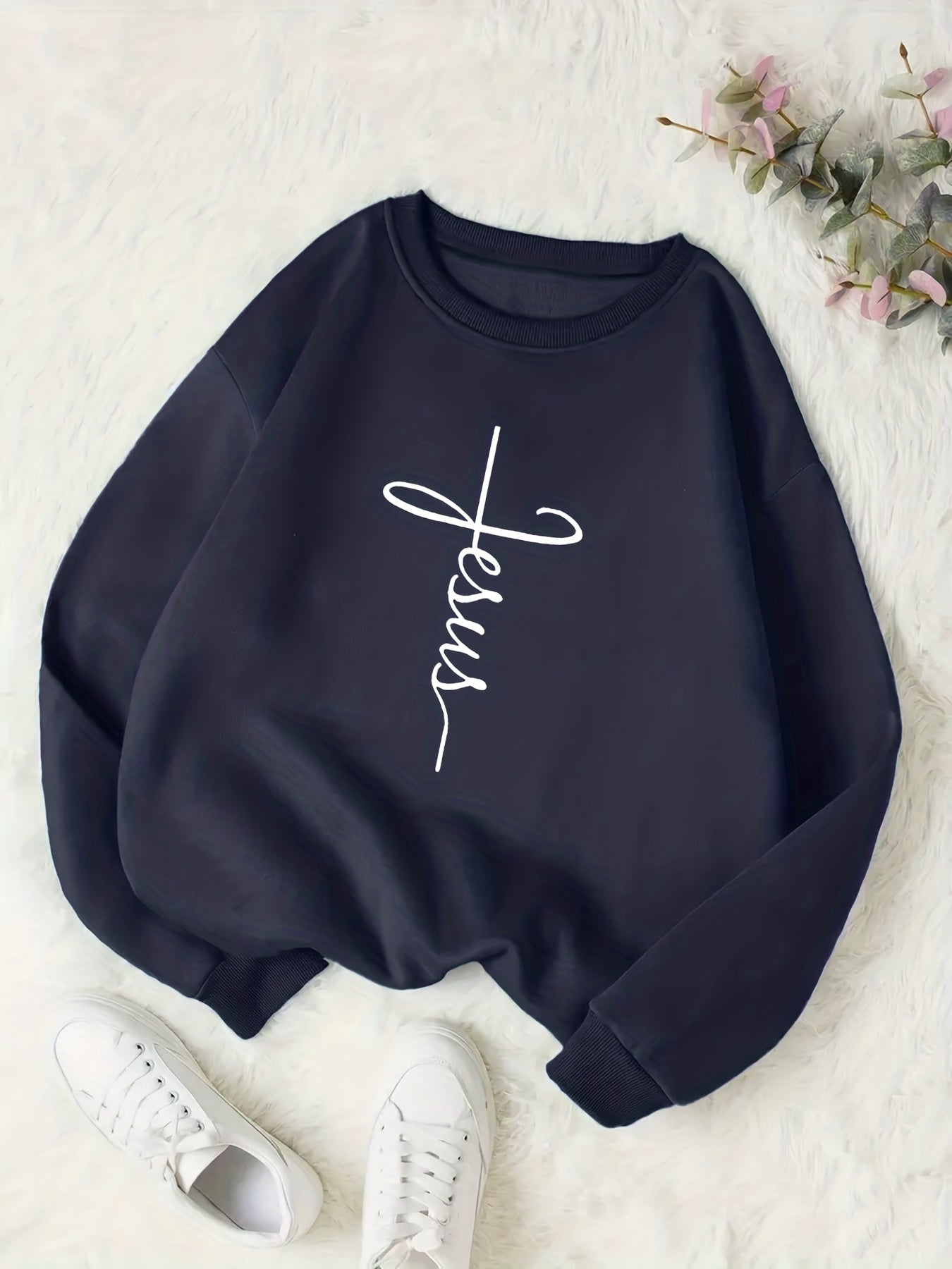 Jesus Print Crew Neck Sweatshirt Women's Clothing