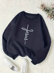 Jesus Print Crew Neck Sweatshirt Women's Clothing