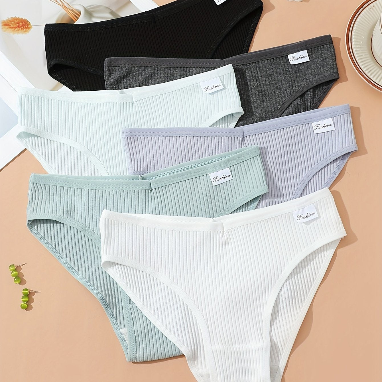6pcs Ribbed Bikini Panties Comfy & Breathable Stretchy Intimates Panties