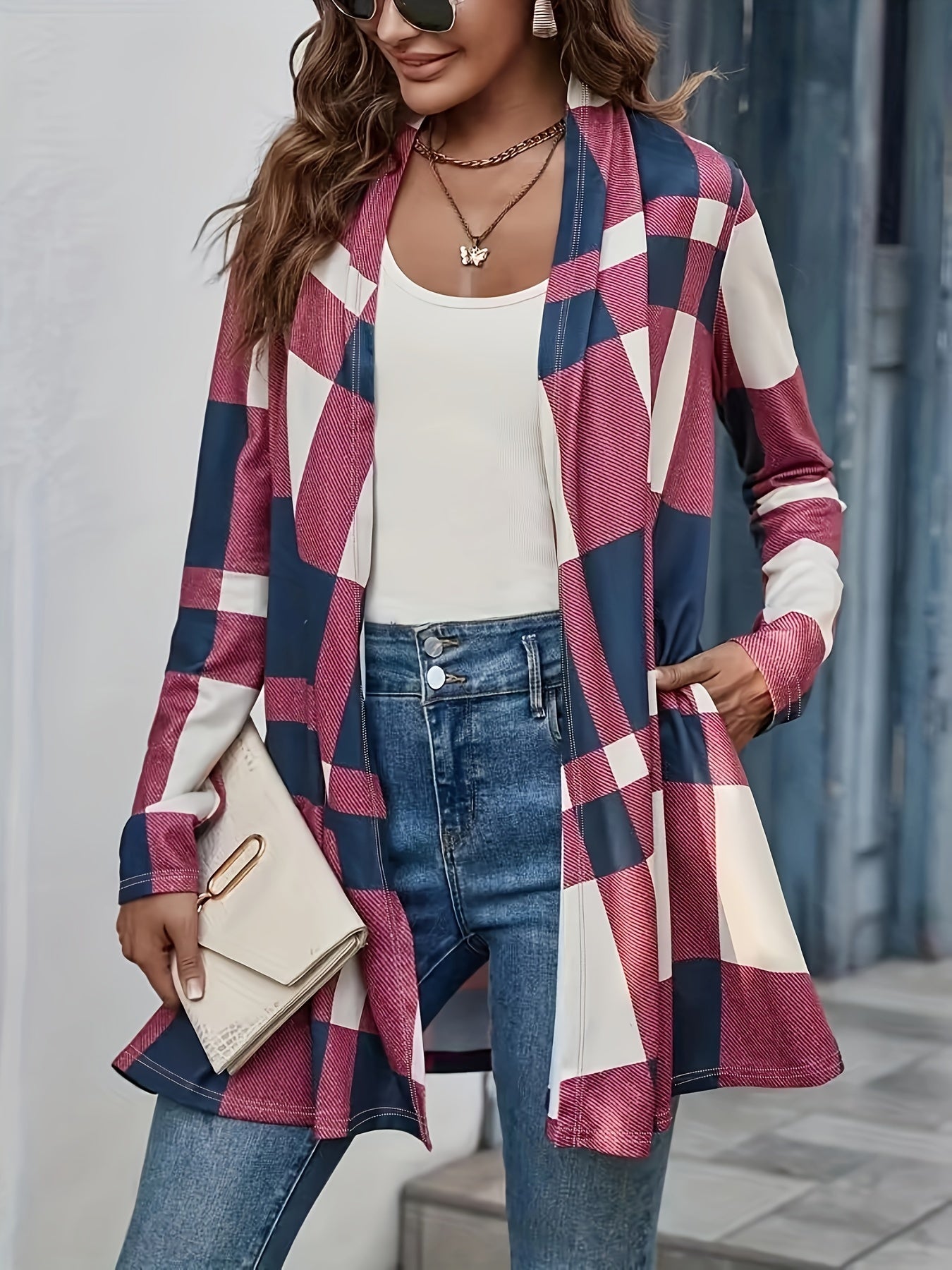 Colorblock Plaid Print Open Front Cardigan