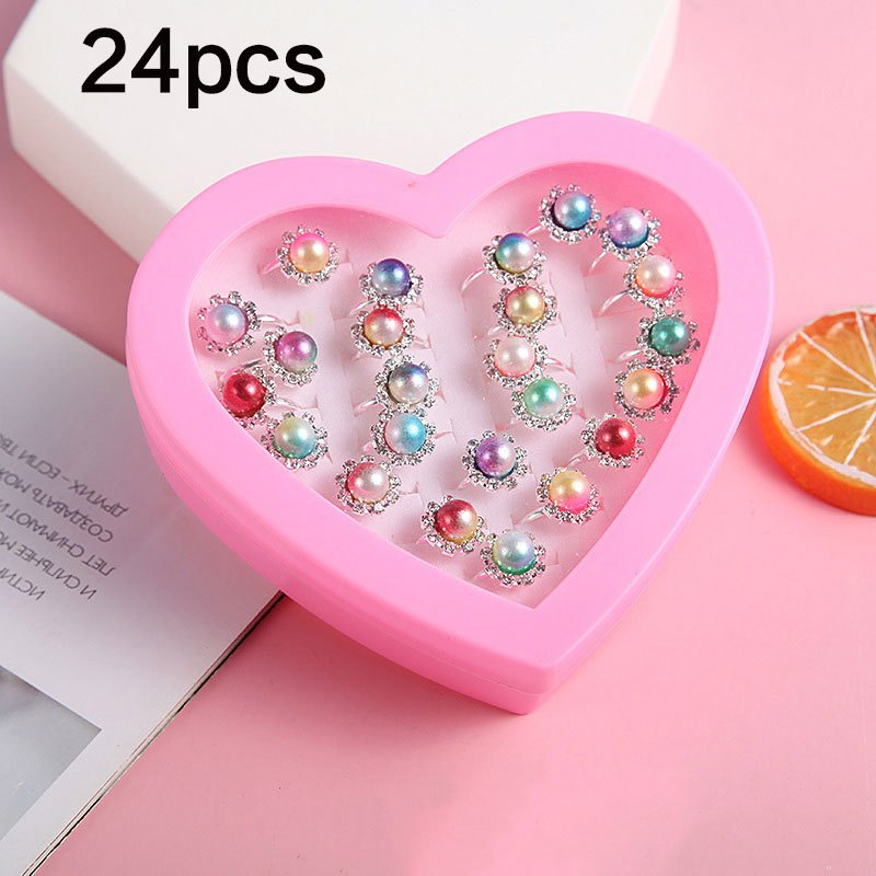 24pcs Girls Faux Gemstone Princess Rings w/ Heart Shaped Decorative Accessories