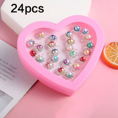 24pcs Girls Faux Gemstone Princess Rings w/ Heart Shaped Decorative Accessories