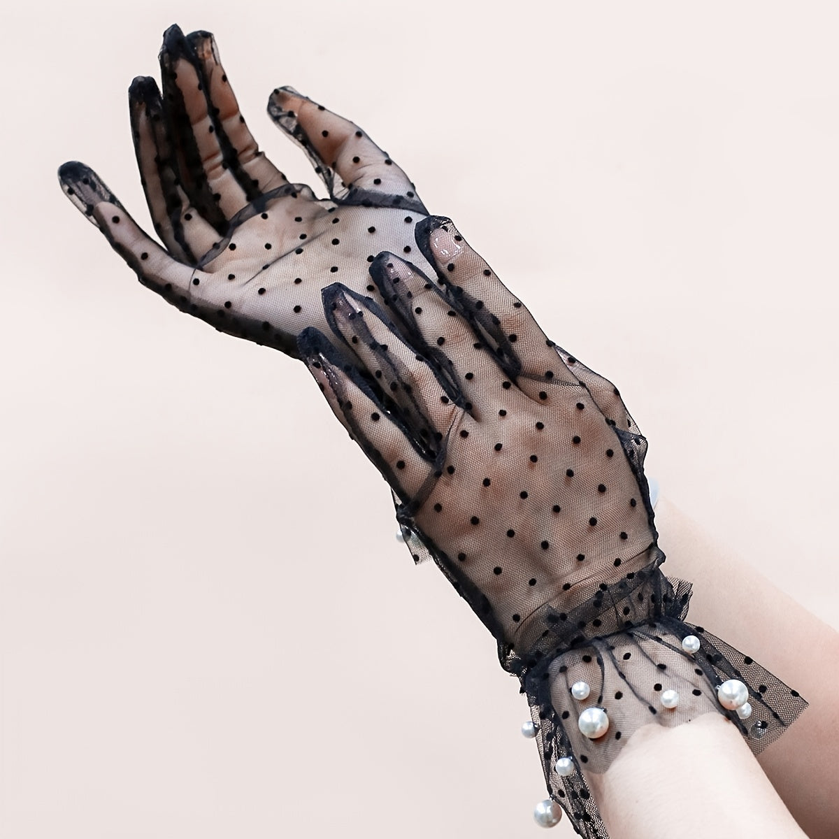 Faux Pearl Decor Mesh Short Gloves For Wedding Bridal