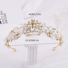 Vintage Golden Crystal Faux Pearl Rhinestone Tiara Wedding Jewelry