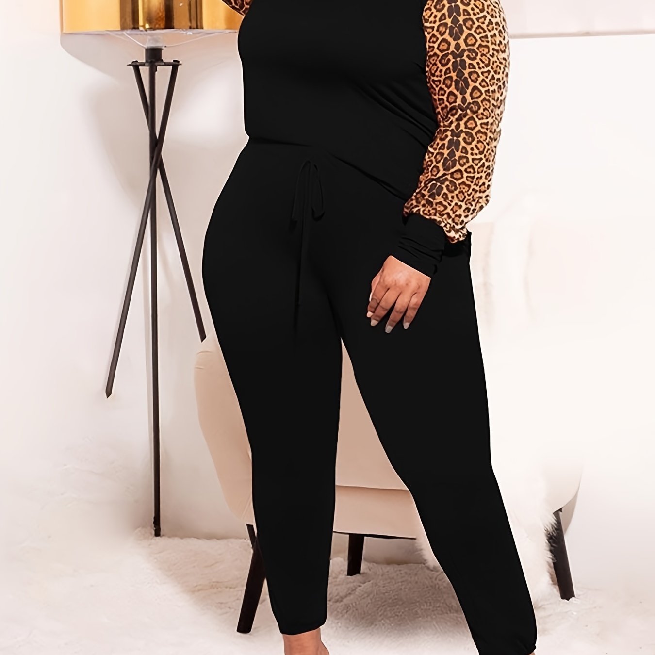 Leopard Print Pullover & Drawstring Pants Set Plus Size Long Sleeve Outfits