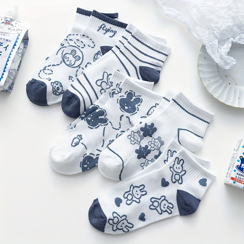 5 Pairs Heart Print Crew Socks Women's Stockings