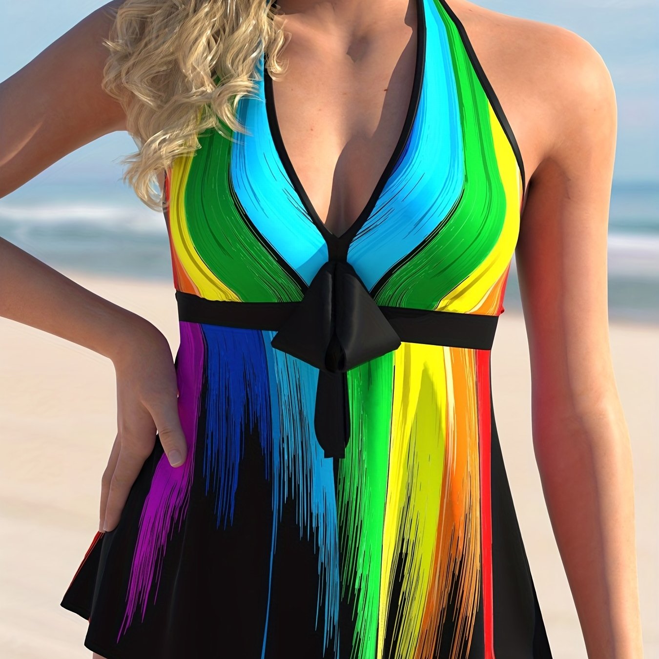 Rainbow Stripe Bow Front Halter Top & Panty Swimsuit Set