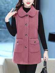 Solid Button Vest Warm Lapel Pocket for Women