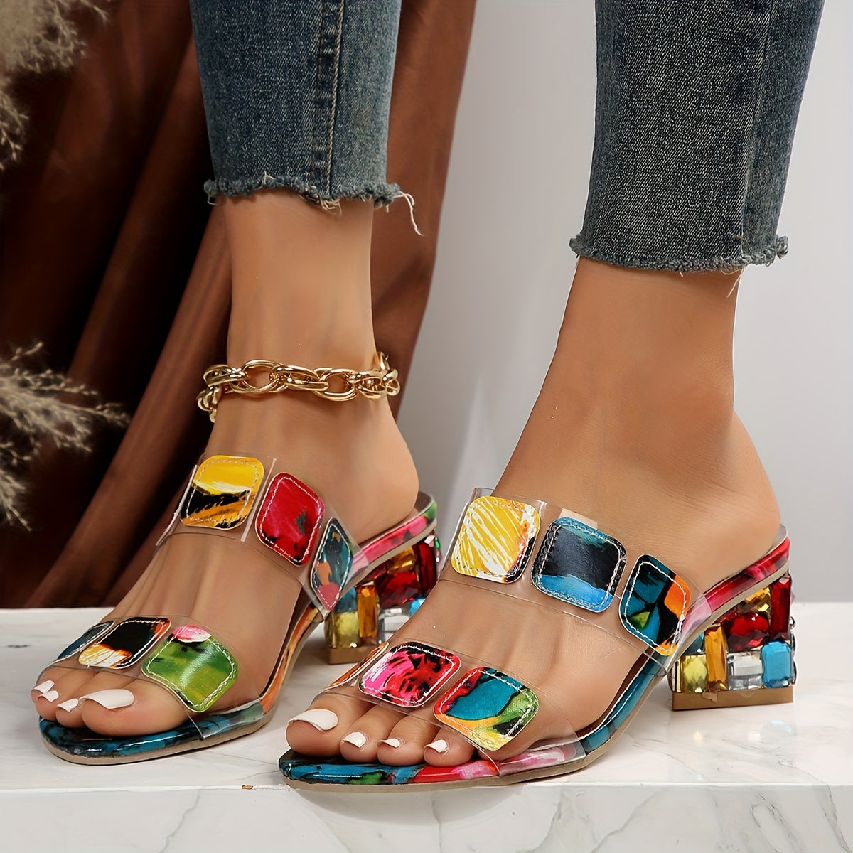 Women's Chunky Heeled Sandals Rhinestone Slip On Daily Wear