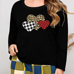 Plus Size Heart Print Long Sleeve Pajama Top