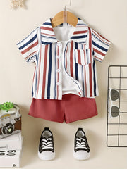 2pcs Baby Boys Striped Short Sleeve Shirt & Shorts Set For Summer