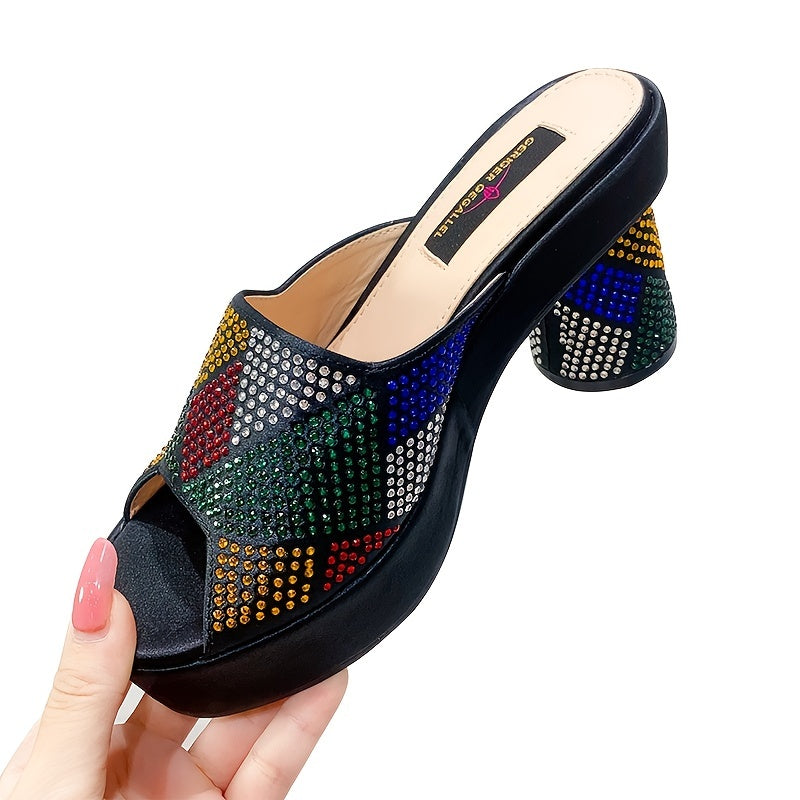 Platform High Heels Rhinestone Peep Toe Block Heels Party Sandals