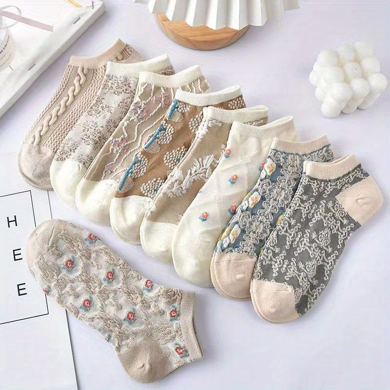 9 Pairs Floral Print Low Cut Ankle Socks Retro Style Soft & Lightweight