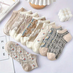 9 Pairs Floral Print Low Cut Ankle Socks Retro Style Soft & Lightweight
