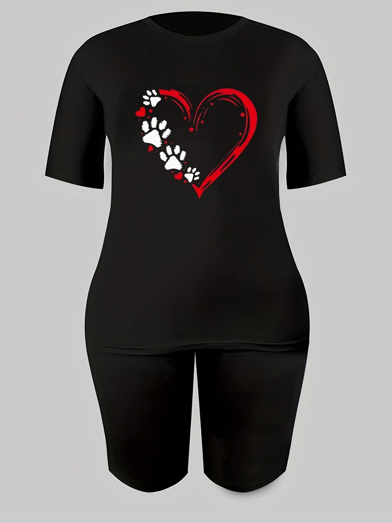 2pcs Women's Summer Casual Sports Suits Heart Graphic T-shirts & Shorts