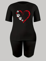 2pcs Women's Summer Casual Sports Suits Heart Graphic T-shirts & Shorts