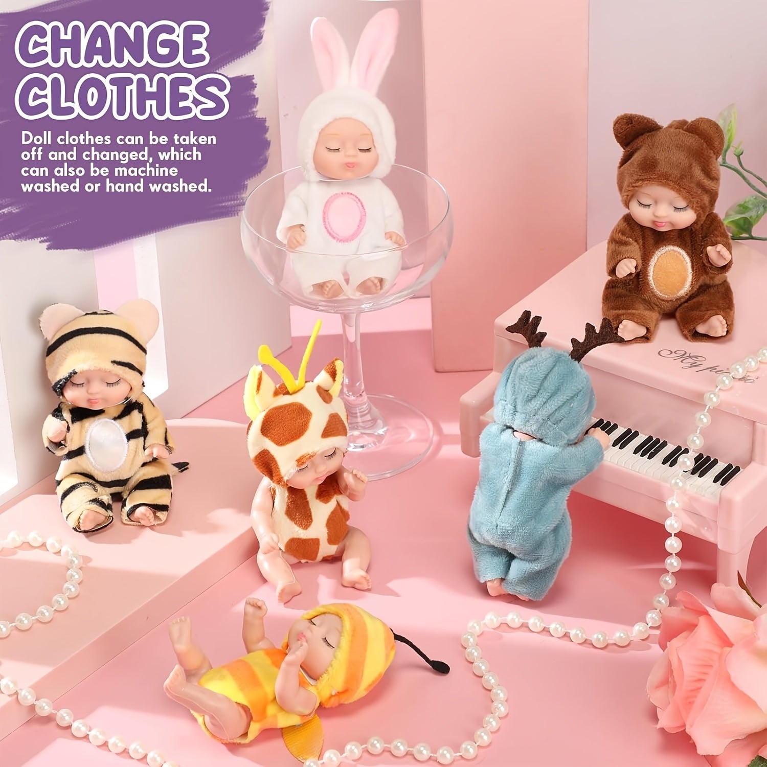 6 Pack Mini Dolls Set with Changeable Outfits Assorted Animal Costumes